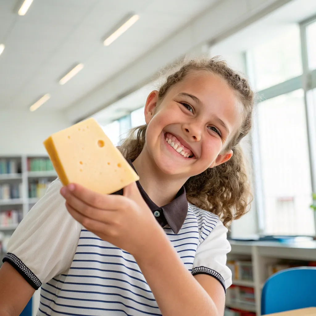 Happy student holding cheese wheel