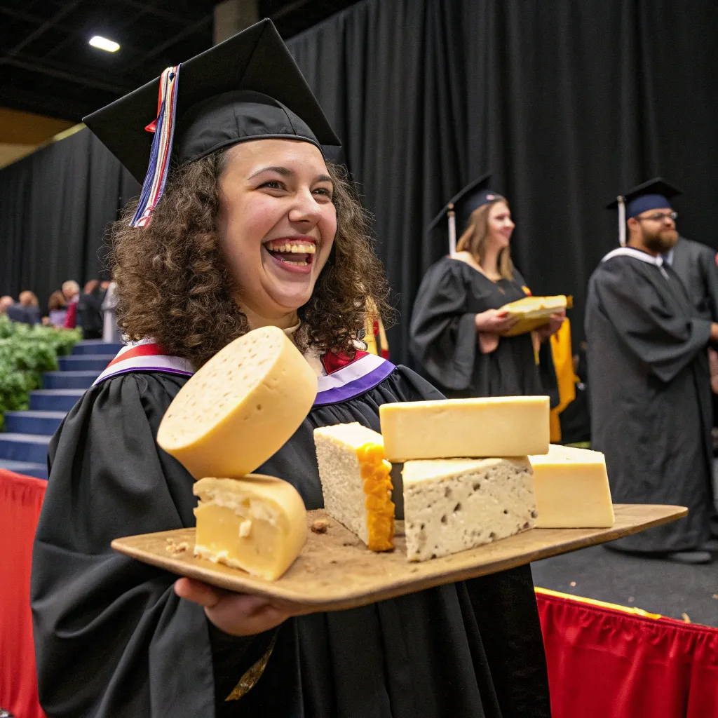 Enthusiastic graduate with cheese samples